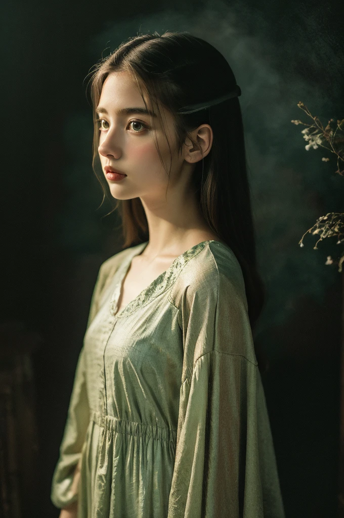 ( masterpiece, top quality, best quality,8k, girl,ultra detailed,raw photo:1.5),(photorealistic:1.4), (cinematic lighting), PerfectNwsjMajic, , Surrealism, UHD, ccurate, Super detail, textured skin, High detail, Best quality, dynamic angle, White skin,[Beautiful blue eyes], high nose,[flat chest:large breasts:0.5],(1girl),(good anatomy:0.5)), Dreamy atmosphere, Dark-toned background, expressive brush strokes, mystical ambiance, Artistic interpretation, Stunning Studio Ghibli style costumes, a whimsical illustration, Subtle colors and tones, mystical aura,