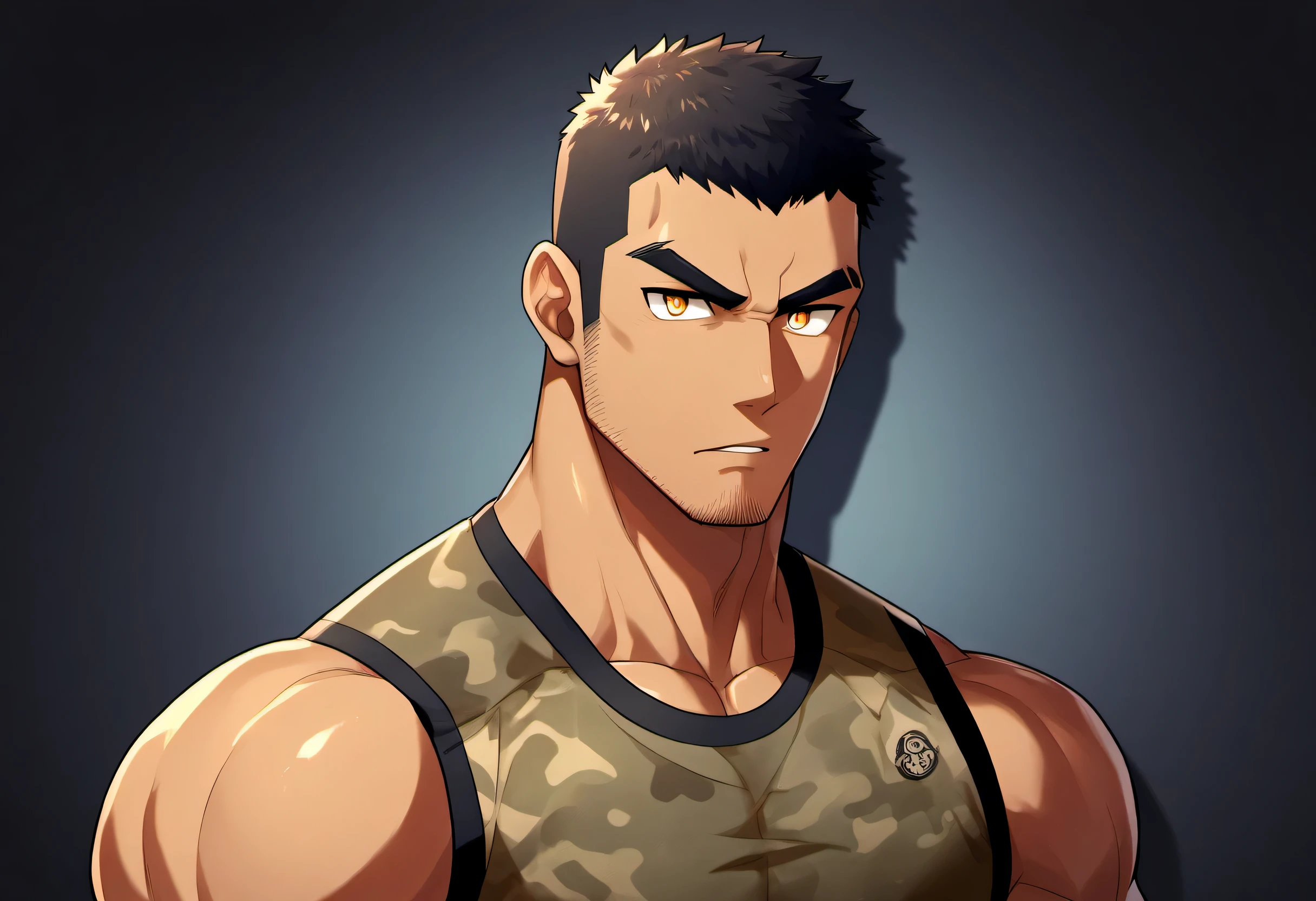 anime characters：Gyee, Fitness coach, Chocolate skin, 1 muscular tough guy, Manliness, male focus, Camouflage sleeveless T-shirt, Very tight, Slightly transparent, muscular male, muscular, only, Upper body, alone, Black short hair, Thick eyebrows, stubble, Yellow eyes, Black background, simple background, amazing quality, best aesthetics, Ridiculous, bright pupils, crew cut, parted lips, v-shaped eyebrows, jitome, drop shadow, best quality