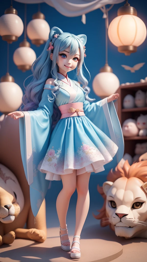 (masterpiece),(best quality),(Super detailed), (Full body love: 1.2), 1 个Lovely女孩, Big Avatar，Qibi,Lovely, Very shy, Light blue curly hair,(beautiful eyes), Hanfu,Blue shirt, Pink skirt, lion, (坐在lion背上), Smile happily, Fly over the clouds，There are some lanterns on the shelves,  (Beautiful and delicate face),