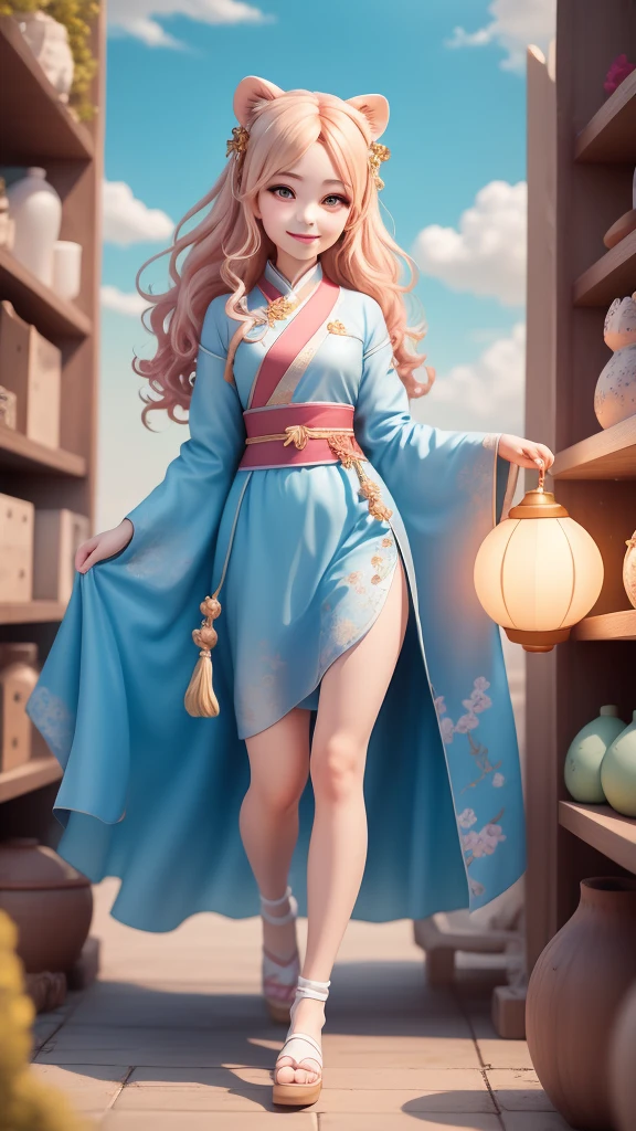 (masterpiece),(best quality),(Super detailed), (Full body love: 1.2), 1 个Lovely女孩, Big Avatar，Qibi,Lovely, Very shy, Light blue curly hair,(beautiful eyes), Hanfu,Blue shirt, Pink skirt, lion, (坐在lion背上), Smile happily, Fly over the clouds，There are some lanterns on the shelves,  (Beautiful and delicate face),