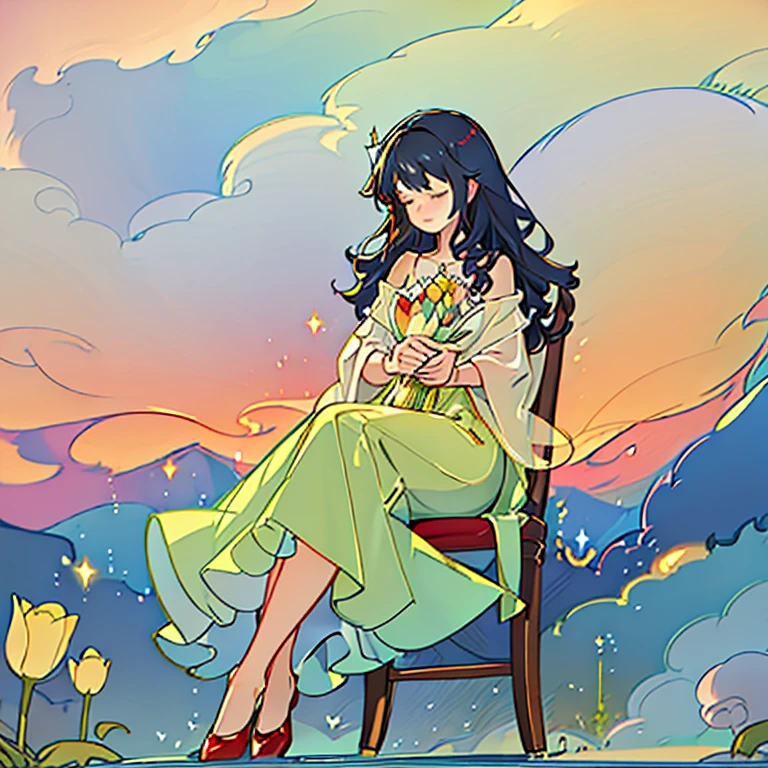 Black shawl hair girl,Curled up on a recliner,Bend over and curl your legs,Side view,Lower your head and close your eyes,Holding puppy in hand,Wearing a pale green dress,A large number of tulips arranged in a circle,During the day,In the distance are mountains and white clouds,Wearing red leather shoes