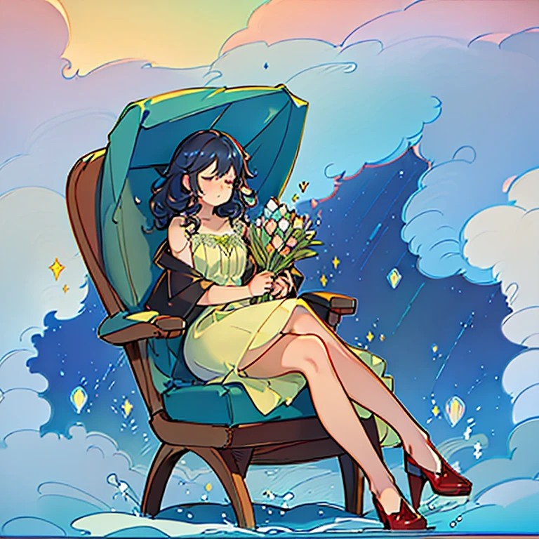 Black shawl hair girl,Curled up on a recliner,Bend over and curl your legs,Side view,Lower your head and close your eyes,Holding puppy in hand,Wearing a pale green dress,A large number of tulips arranged in a circle,During the day,In the distance are mountains and white clouds,Wearing red leather shoes