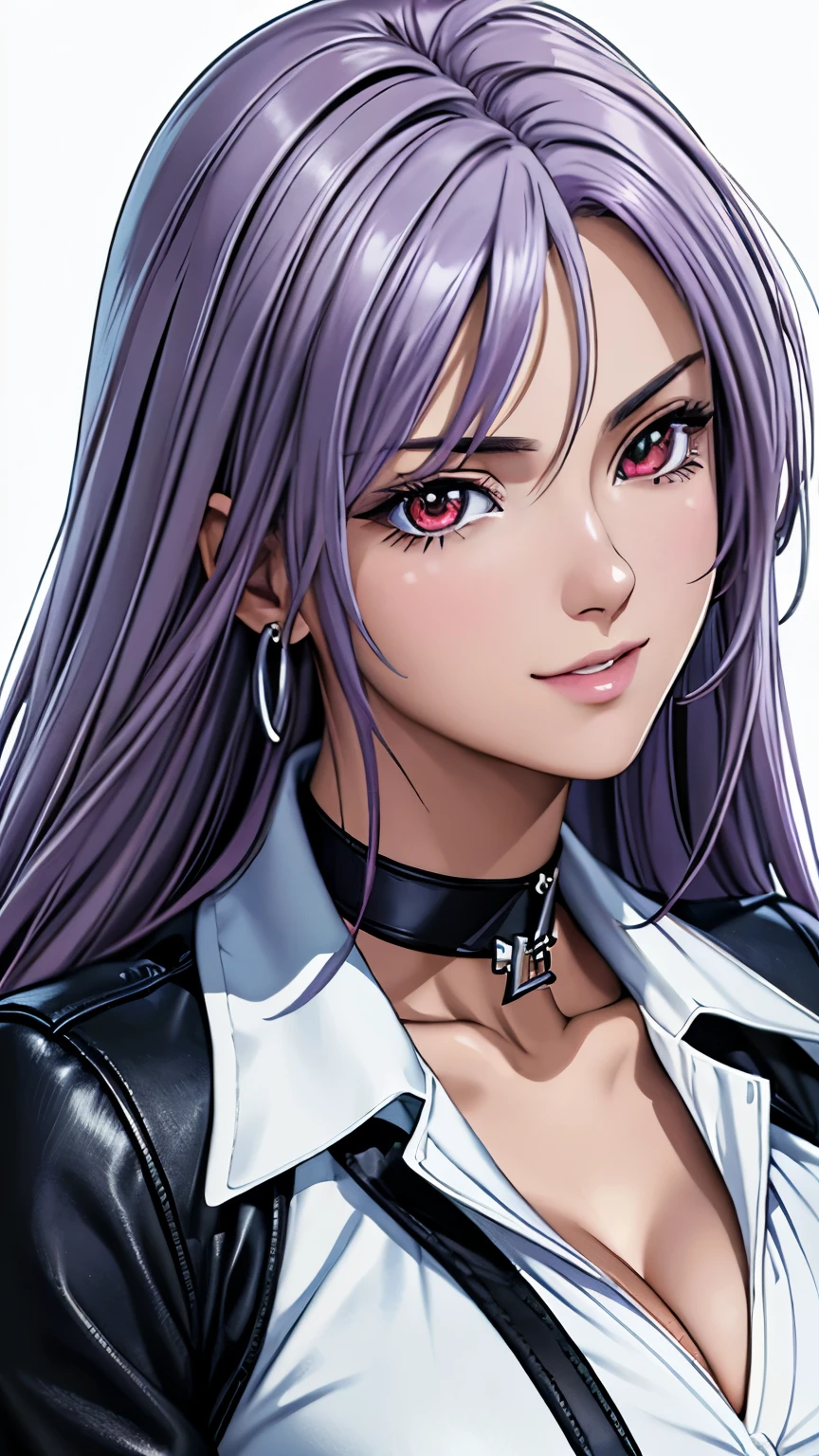 red eyes, (highest quality, masterpiece painting:1.3), immature woman, , (half body shot), masterpiece, ultra high resolution, (Photoreal:1.0), ((light purple hair)),straight hair, beautiful shining hair, white and shining skin, ((Ultra realistic details)), octane rendering, highly detailed face, (big breasts:0.8),  distressed denim jacket with patches and pins, paired with black skinny jeans and combat boots, Accessories: silver hoop earrings and a black choker necklace, open neckline, cleavage, perfect body, soft skin, silver earrings, (pure white background:1.4), sharp focus, intricate details, professional artwork, (bright colors:1.1), bright colors, diffused lighting, digital blending, ultra-definition body, ultra detail hair, super detailed face, that&#39;It&#39;s trending on pixiv, top button open, Cute gaze, compensate, perfect lips, perfect compensate, Ultra-precision coating, (light_smile:0.8), (smugness:1.2),blush your nose,