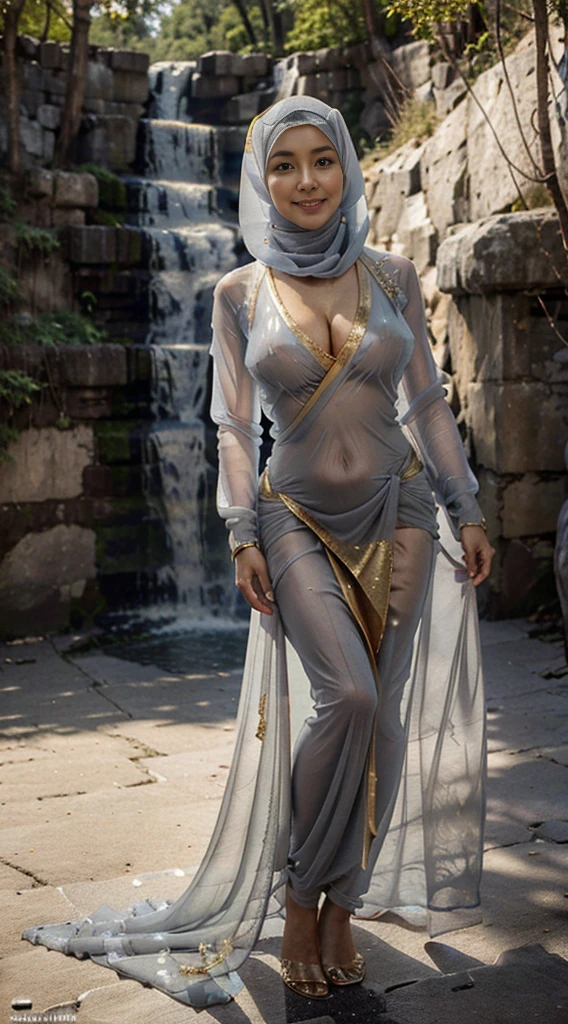 Photorealistic Production, (one Person), (Realistic Image of a 28 Years Korean Female Model), (long pashmina hijab :1.7), (Athletic Body Builds:1.2), (Pale Skin:1.4), (Wearing a grey super transparent Kebaya Dress with short super transparent sarong Cloth and little Golden Jeweleries:1.6), (kebaya loose opened, undressing detailling nude breasts, showing detailling the nipples, no bra) (shyly Face), (lustfull smile, seducting look), (showing super Cleavage), sexual Pose, full body photo shoot, leaning on the mat, sit down, leaning on the mat, From Front Shot, Insane Details, Intricate Face Detail, Intricate Hand Details, Cinematic Shot and Lighting, Realistic Colors, Masterpiece, Sharp Focus, Ultra Detailed, Taken with DSLR camera, Realistic Photography, Depth of Field, Incredibly Realistic forest, river and waterfall, beside a river, up of stone, Master Composition