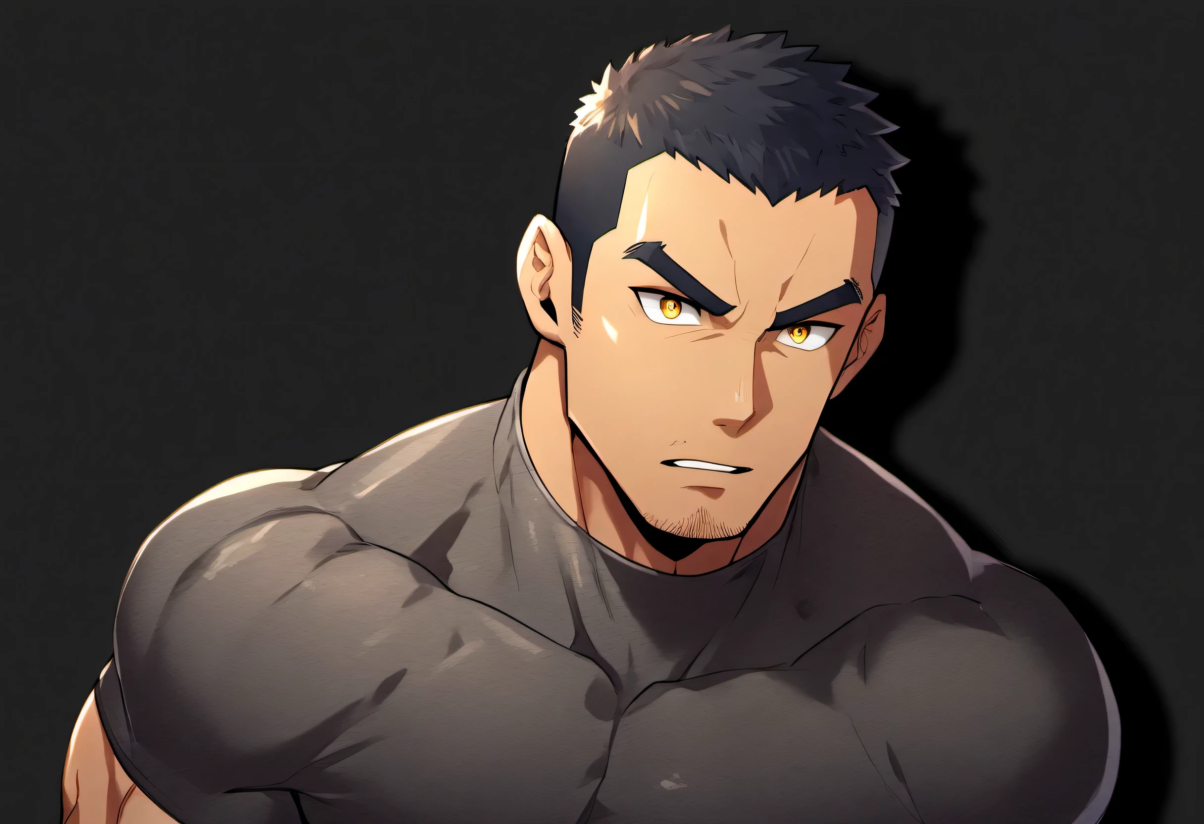 anime characters：Gyee, Fitness coach, Chocolate skin, 1 muscular tough guy, Manliness, male focus, Turtleneck camouflage tight T-shirt, Very tight, Slightly transparent, muscular male, muscular, only, Upper body, alone, Black short hair, Thick eyebrows, stubble, Yellow eyes, Black background, simple background, amazing quality, best aesthetics, Ridiculous, bright pupils, crew cut, parted lips, v-shaped eyebrows, jitome, drop shadow, best quality