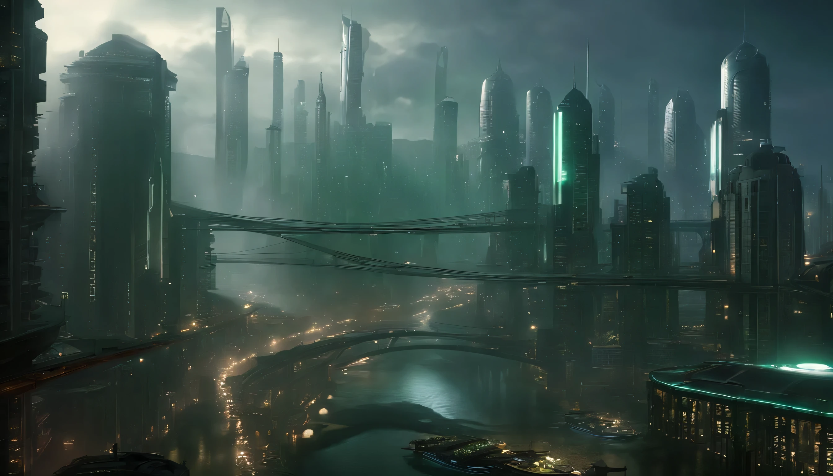 Cyberpunk cities in science fiction movies, night, Enveloped in green smoke, bridge, Established, Strange stories from Chinese studios, red lantern, Ghosts wandering the streets, irregular, Circuit board, wire, Complex, Very detailed, Realistic, Ultra-realistic, high quality, Highest, Super Detail, Crazy Details, Very detailed, PhotoRealistic, A magnificent composition, Highest Quality, 32k --v6