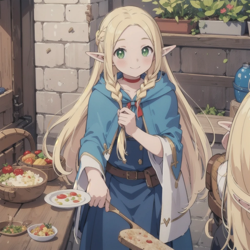 ((masterpiece,highest quality)), 
Marcille Donato,Dungeon Food, 
One girl, alone, Blonde, Long Hair, Fairy, Round elf ears, Green Eyes,
Red choker, blue capelet, 
eat, dish, spoon,
alone, smile,  blush, View your viewers,