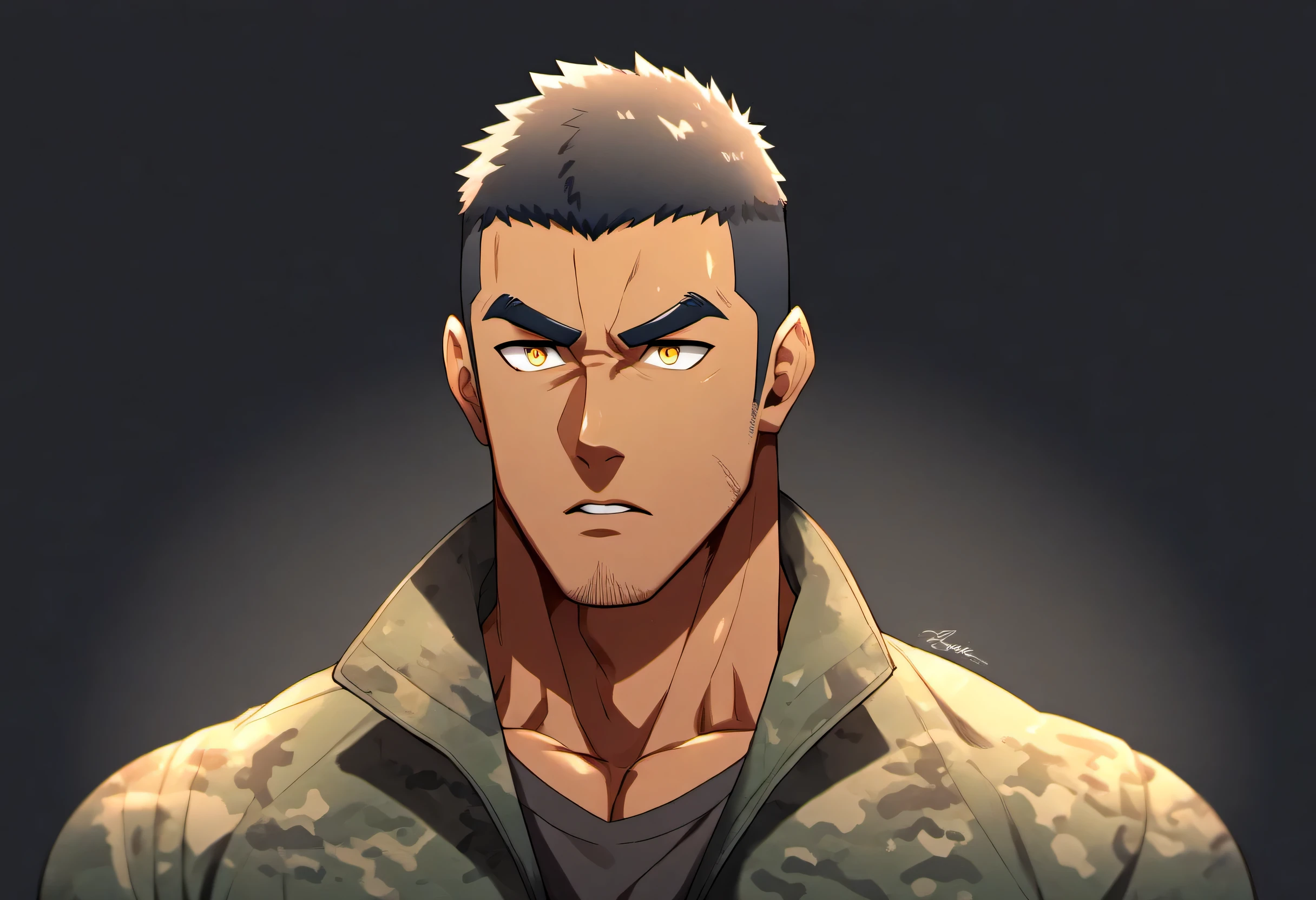 anime characters：Gyee, Fitness coach, Chocolate skin, 1 muscular tough guy, Manliness, male focus, Camouflage uniform, muscular male, muscular, only, Upper body, alone, Black short hair, Thick eyebrows, stubble, Yellow eyes, Black background, simple background, amazing quality, best aesthetics, Ridiculous, bright pupils, crew cut, parted lips, v-shaped eyebrows, jitome, drop shadow, best quality