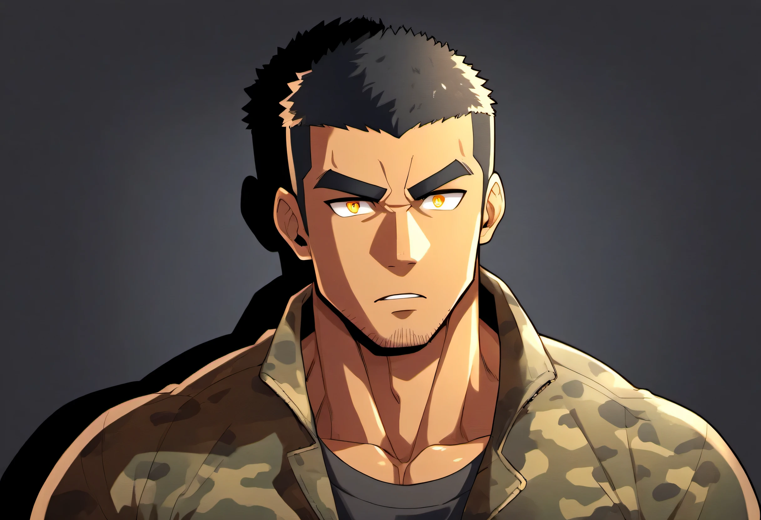 anime characters：Gyee, Fitness coach, Chocolate skin, 1 muscular tough guy, Manliness, male focus, Camouflage uniform, muscular male, muscular, only, Upper body, alone, Black short hair, Thick eyebrows, stubble, Yellow eyes, Black background, simple background, amazing quality, best aesthetics, Ridiculous, bright pupils, crew cut, parted lips, v-shaped eyebrows, jitome, drop shadow, best quality