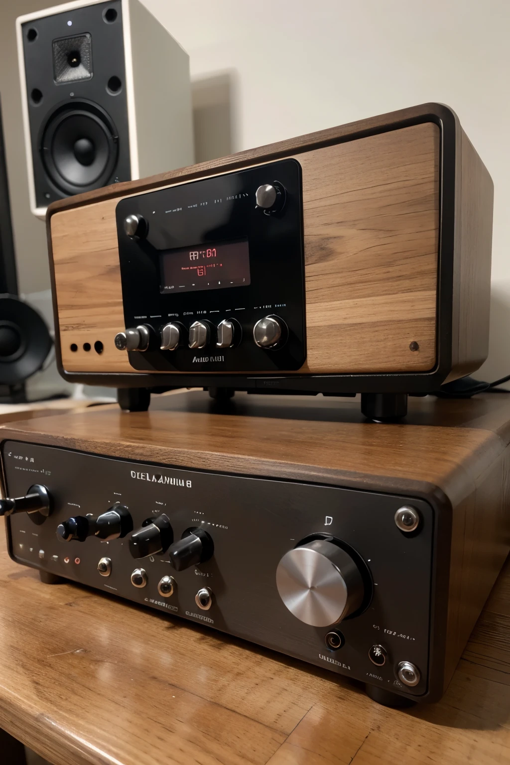 Audio interface with wooden shell and black steel front and back panels