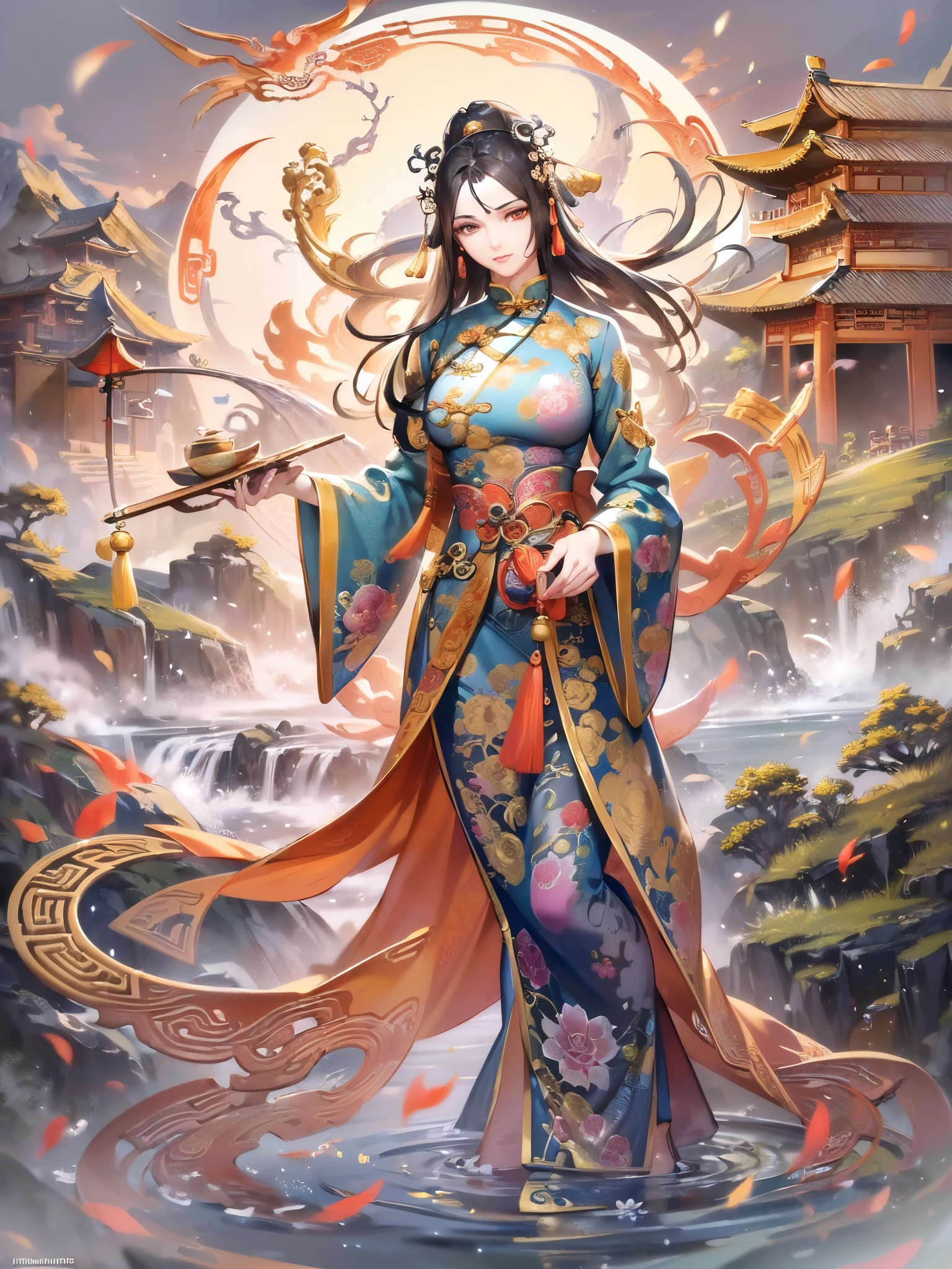 Official Art, Unified 8K Wallpapers, Ultra Detailed, Beautiful and Aesthetic, Masterpiece, Best Quality, (Zentangle, Tangle, Entangle), (fractal art: 1.4), 1girl, black hair, Chinese, bare shoulders, short skirt, calf, navel, very detailed, dynamic angle, cowboyshot, (most beautiful form chaos), flowing, (bright colors), oc, (half: 1.2), china, (thangka flying sky: 1.5), (ribbon: 1.3), (dream: 1.5), (hanfu: 1.5), Chinese dragon, Chinese phoenix, (smile: 0.5), (Chinese deity),