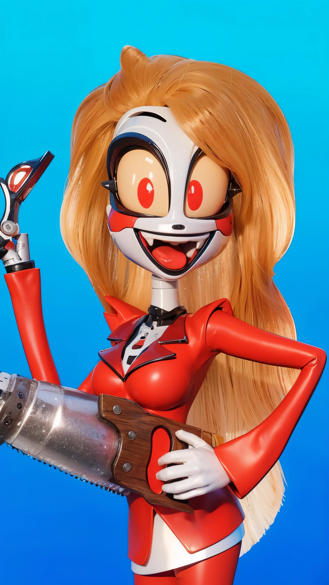 A cartoon woman with red eyes and lips holds a large chainsaw and a small saw. She has blonde hair and is wearing a red suit. evil sly face. cartoon characters stand next to each other, Electricsbunny, Holographic creatures, Beeple and Jeremiah Ketner, 🐋 as 🐘 as 🤖 as 👽 as 🐳, Rabbids at a metal concert, cute 3D rendering, 3D icon for mobile game, robot rabbit, Shiny metallic, 3D персонажи violet cat toy, toy cat laying on glossy metalic floor, glossy texture, smooth 3d model, multiple light sources, rim light, sharp post effects render, (glossy metallic texture with multiple big light probe refractions), perfect cgi, cgi art created only with gradients, smooth silhouette, high intensity refraction, (super glossy chrome material), most beautiful vfx, blue background, chrome metal refractions