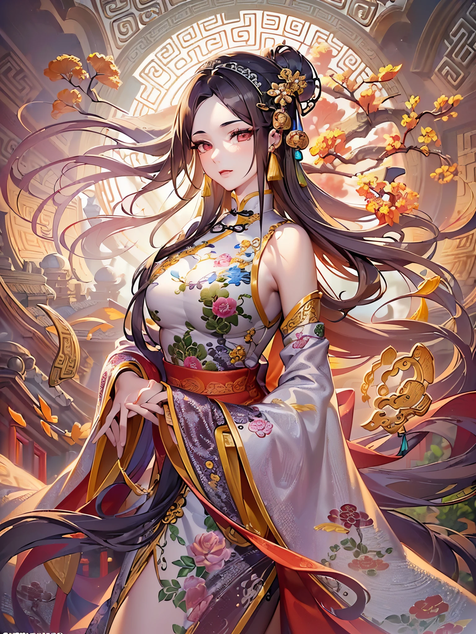 ((highest quality)),(Ultra-high resolution),(Very detailed),(Detailed Description),((The best CG)),(A masterpiece),Ultra-precise art,amazing drawing art,(Chinese fantasy art with intricate details:1.5), (woman:1.6),(Beautiful and well-proportioned face:1.5), (A Chinese dress with intricately detailed and intricate patterns:1.7),(Tai Chi diagram:1.6),Intertwining fire and water:1.6