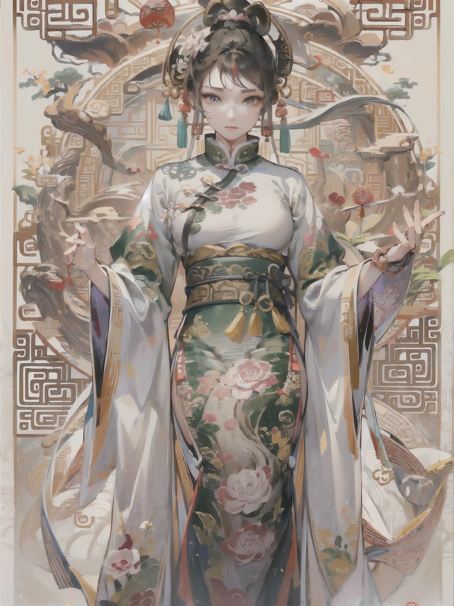 ((highest quality)),(Ultra-high resolution),(Very detailed),(Detailed Description),((The best CG)),(A masterpiece),Ultra-precise art,amazing drawing art,(Chinese fantasy art with intricate details:1.5), (woman:1.6),(Beautiful and well-proportioned face:1.5), (A Chinese dress with intricately detailed and intricate patterns:1.7),(Tai Chi diagram:1.6),Intertwining fire and water:1.6