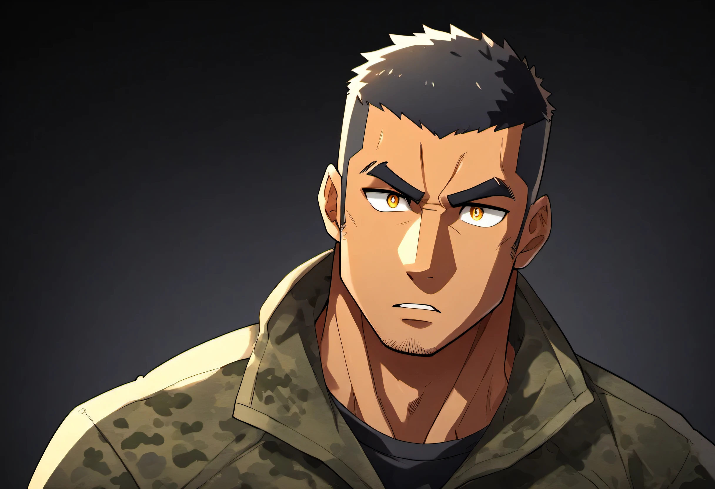 anime characters：Gyee, Fitness coach, Chocolate skin, 1 muscular tough guy, Manliness, male focus, Camouflage uniform, muscular male, muscular, only, Upper body, alone, Black short hair, Thick eyebrows, stubble, Yellow eyes, Black background, simple background, amazing quality, best aesthetics, Ridiculous, bright pupils, crew cut, parted lips, v-shaped eyebrows, jitome, drop shadow, best quality