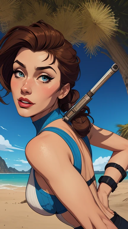 Woman character jeday style warrior armed with a 38 revolver western style atompunk Fallout 4 mônica Bellucci le with marks of war Cartoon image of a woman .Ilustra??o estilo desenho animado, estilo de arte dos desenhos animados, estilo de arte dos desenhos animados, digital illustration style, estilo atompunk design de personagens altamente detalhado, arte digital detalhada coragem, Forest fan art, Design de personagens de retrato, beautiful digital illustration, retrato de alta qualidade, Arte em quadrinhos, mulher jovem cabelo com transas lindas . Queen Anna of ArendelleBeautiful lined eyes Medium large bust and wonderful sexy clothes. image expression of sexual desire from waist to head illustration Queen Anne of Arendelle atompunk style Fallout 4 The perspective is from below, enfatizando a majestade e o poder da Gigante." armed with a 38 revolver western style with a 38 revolver in her hands jeday style warrior in summer clothes on the beach