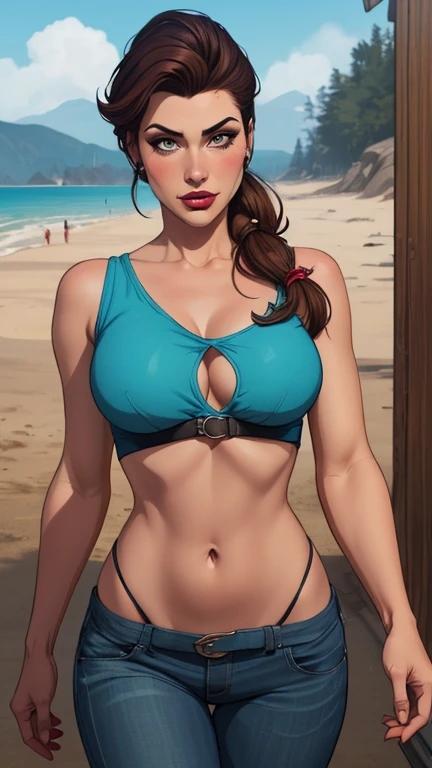 Woman character jeday style warrior armed with a 38 revolver western style atompunk Fallout 4 mônica Bellucci le with marks of war Cartoon image of a woman .Ilustra??o estilo desenho animado, estilo de arte dos desenhos animados, estilo de arte dos desenhos animados, digital illustration style, estilo atompunk design de personagens altamente detalhado, arte digital detalhada coragem, Forest fan art, Design de personagens de retrato, beautiful digital illustration, retrato de alta qualidade, Arte em quadrinhos, mulher jovem cabelo com transas lindas . Queen Anna of ArendelleBeautiful lined eyes Medium large bust and wonderful sexy clothes. image expression of sexual desire from waist to head illustration Queen Anne of Arendelle atompunk style Fallout 4 The perspective is from below, enfatizando a majestade e o poder da Gigante." armed with a 38 revolver western style with a 38 revolver in her hands jeday style warrior in summer clothes on the beach