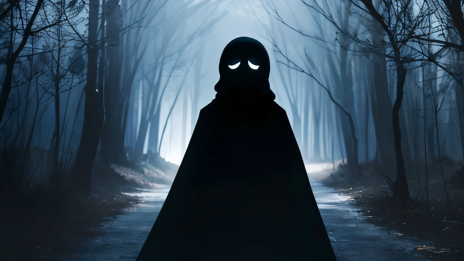 dark shadow, in a dark place, bright eyes, no face