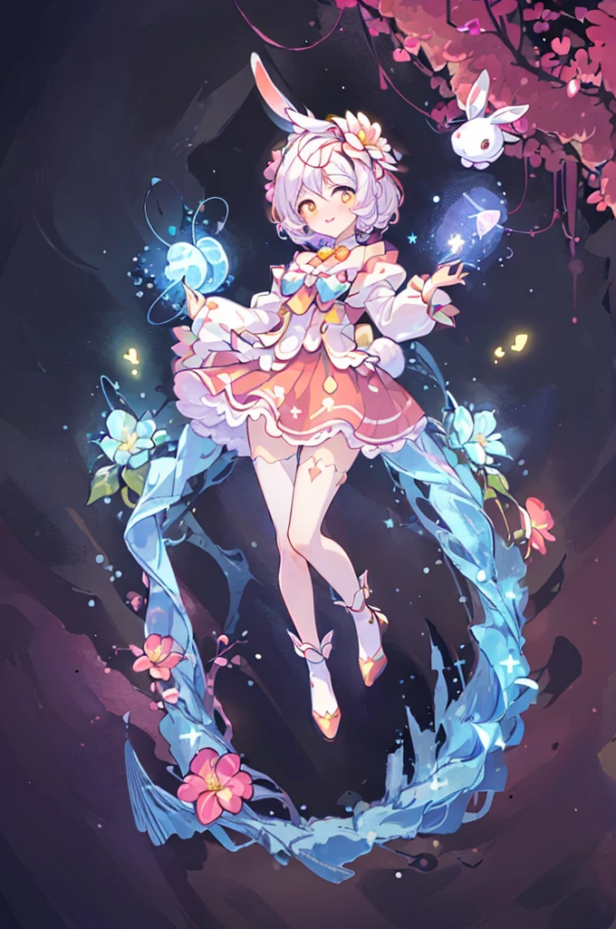 (((tmasterpiece))), 4k resolution, higly detailed, hiquality, hight resolution, ultradetailed, 8K, beste-Qualit, A cute rabbit hung beautifully in the air, among glowing flower and crystals, Fireflies, magical light, Neon