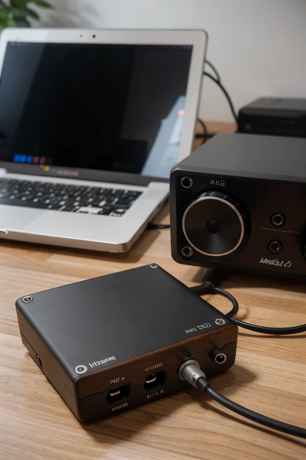 compact usb Audio interface with wooden shell and black steel front and back panels