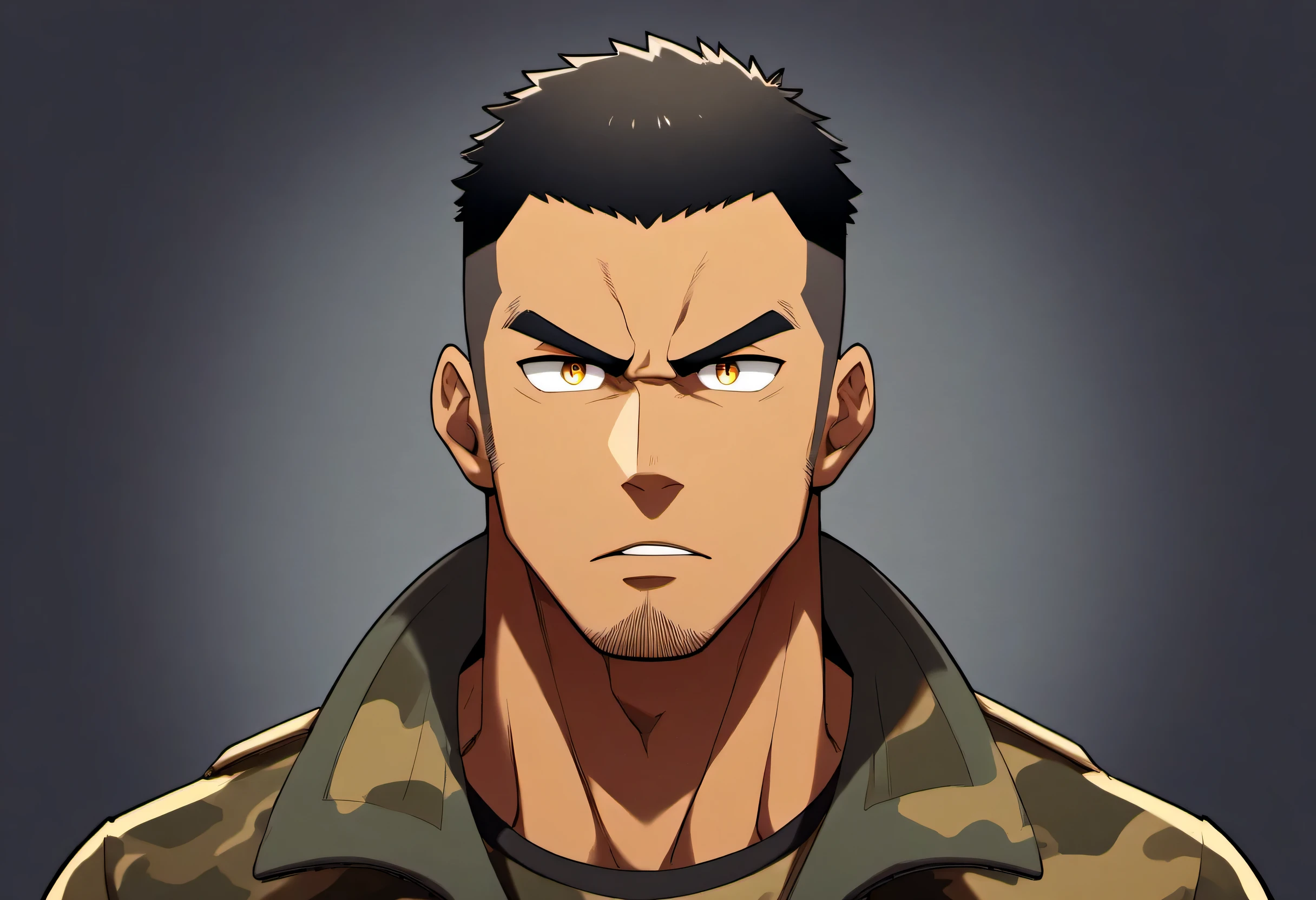anime characters:Gyee, Fitness coach, Chocolate skin, 1 muscular tough guy, Manliness, male focus, Camouflage uniform, muscular male, muscular, only, Upper body, alone, Black short hair, Thick eyebrows, stubble, Yellow eyes, Black background, simple background, amazing quality, best aesthetics, Ridiculous, bright pupils, crew cut, parted lips, v-shaped eyebrows, jitome, drop shadow, best quality