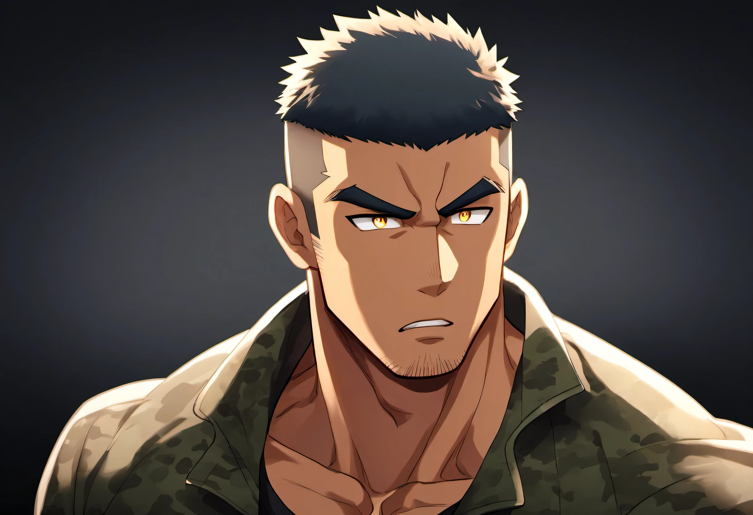 anime characters:Gyee, Fitness coach, Chocolate skin, 1 muscular tough guy, Manliness, male focus, Camouflage uniform, muscular male, muscular, only, Upper body, alone, Black short hair, Thick eyebrows, stubble, Yellow eyes, Black background, simple background, amazing quality, best aesthetics, Ridiculous, bright pupils, crew cut, parted lips, v-shaped eyebrows, jitome, drop shadow, best quality
