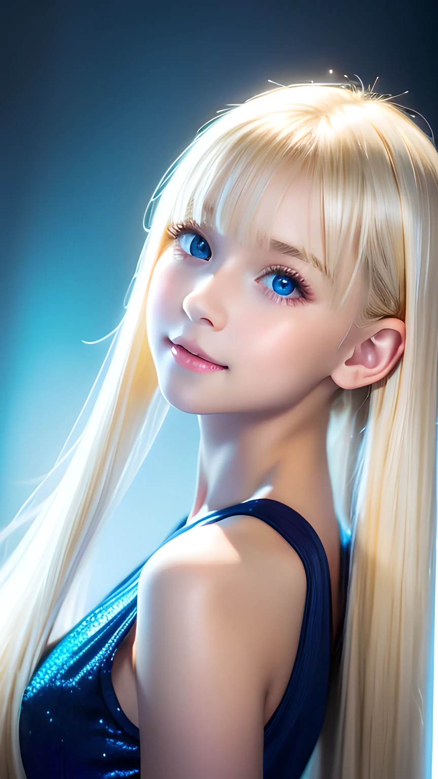 Portrait、、Bright expression、ponytail、Young, lustrous, glowing, white skin、The best beauty、Blonde reflection、Natural platinum blonde hair with dazzling highlights、Shiny bright hair,、Super long silky straight hair、Shiny beautiful bangs、Bright, clear, attractive, large blue eyes、Very beautiful lovely cute 16 year old girl、Ample Bust