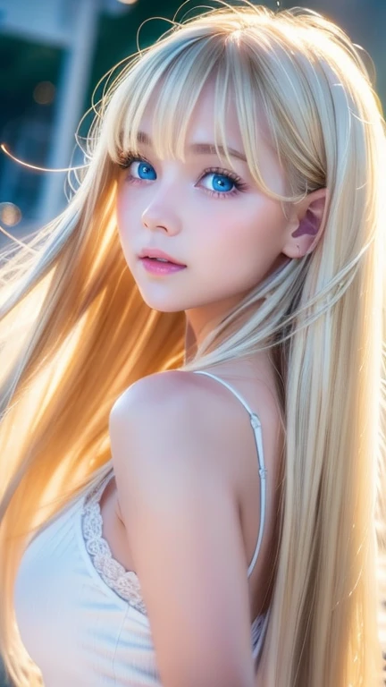 Shining blonde dancing in front of a pretty face、Long silky bangs over the eyes、Bright pale white sky blue eyes、Very beautiful highlights of the eyes、Long blonde hair on face、Super long straight silky hair、Super long, flowing blonde hair that shines with bright, straight hair、sexy cute young woman、gross face、cheek gloss、bright look、small face beauty、-yeld beiful Nordic girl