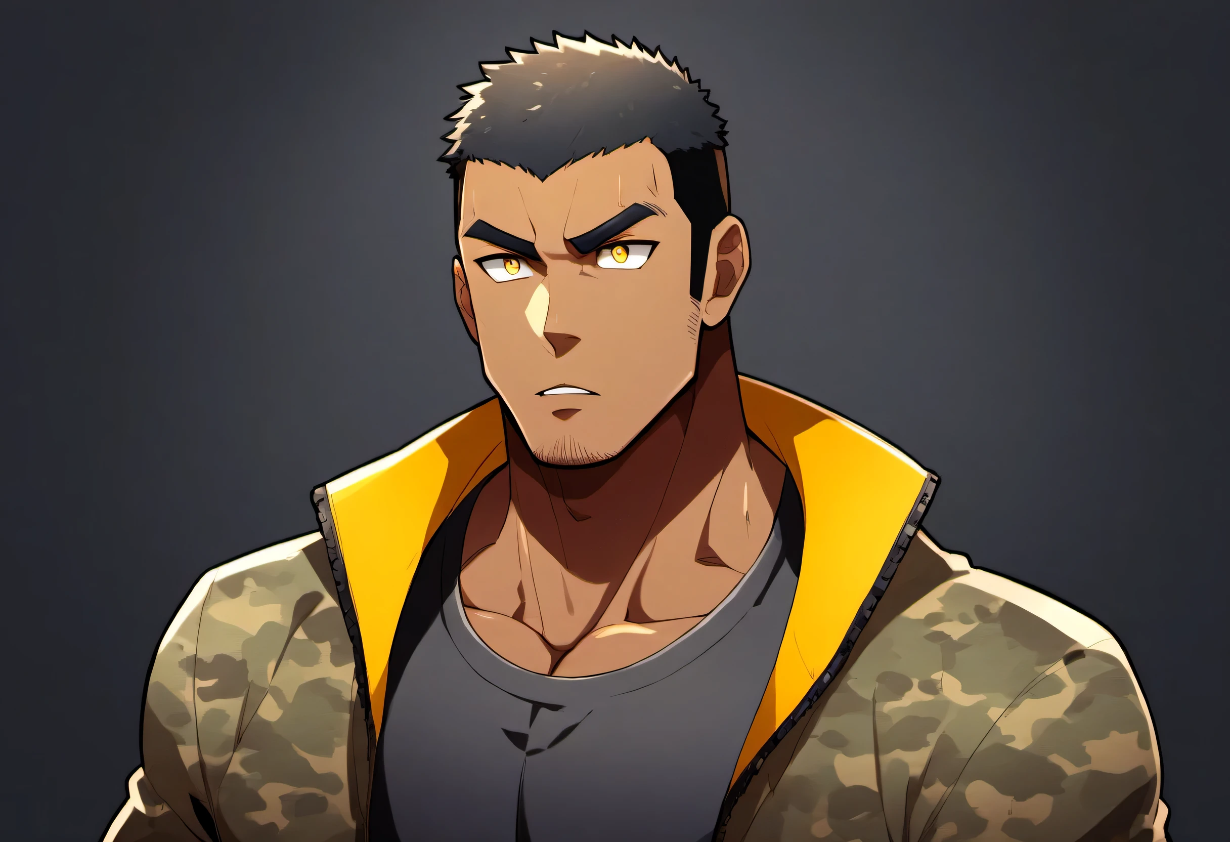 anime characters：Gyee, Fitness coach, Chocolate skin, 1 muscular tough guy, Manliness, male focus, Camouflage uniform, muscular male, muscular, only, Upper body, alone, Black short hair, Thick eyebrows, stubble, Yellow eyes, Black background, simple background, amazing quality, best aesthetics, Ridiculous, bright pupils, crew cut, parted lips, v-shaped eyebrows, jitome, drop shadow, best quality