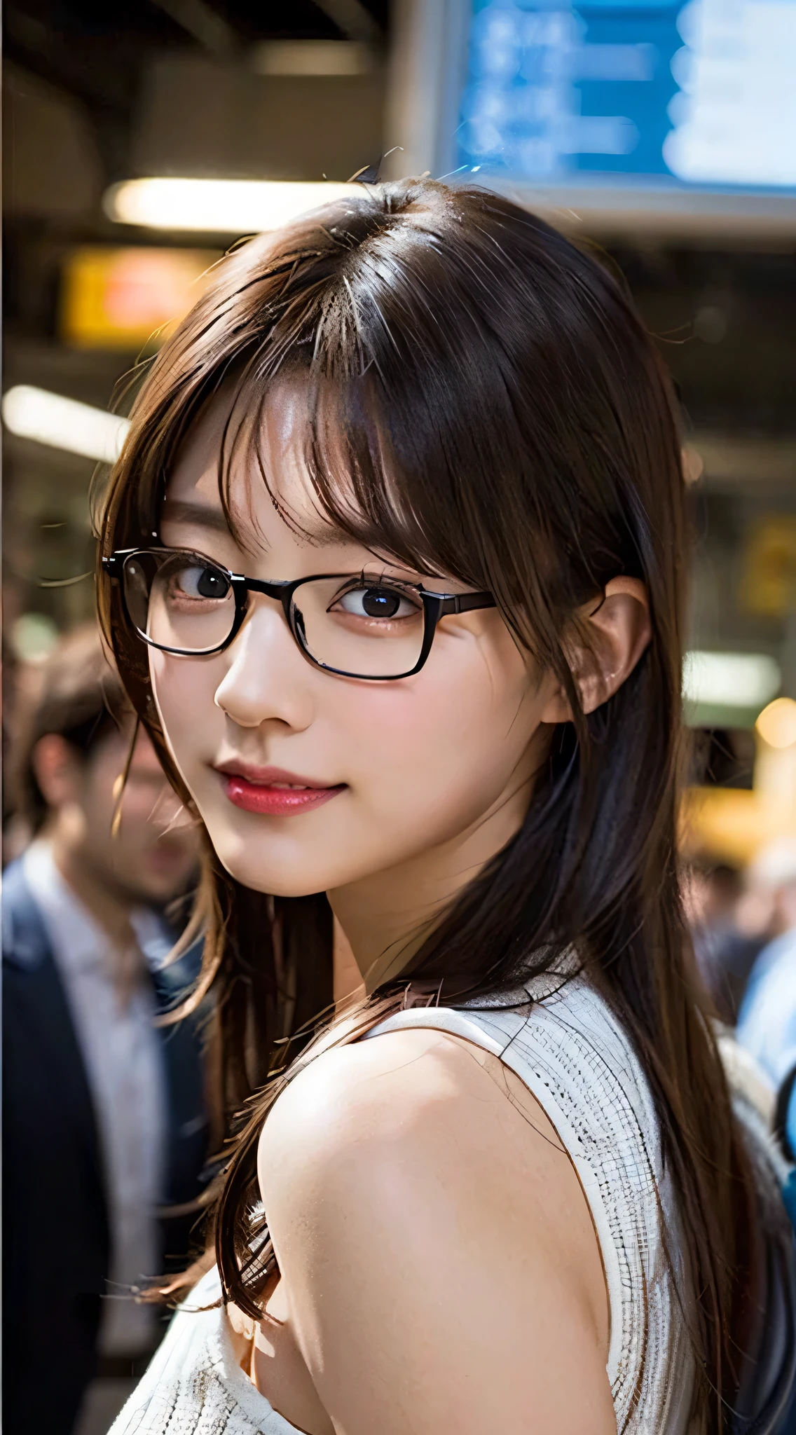(8k、Raw photo、highest quality、masterpiece:1.2)、(Realistic、Photorealistic:1.37)、Ultra-detailed、超A high resolution、1 girl、Seeing the viewer、Beautifully detailed face、Laughter、narrow、(Narrow waist) :1.3)、shortcut、beautiful detailed skin、Skin Texture、floating hair、Professional Lighting、Waiting for the train on the platform、Black-rimmed square glasses 、Human whole body、Brown Hair