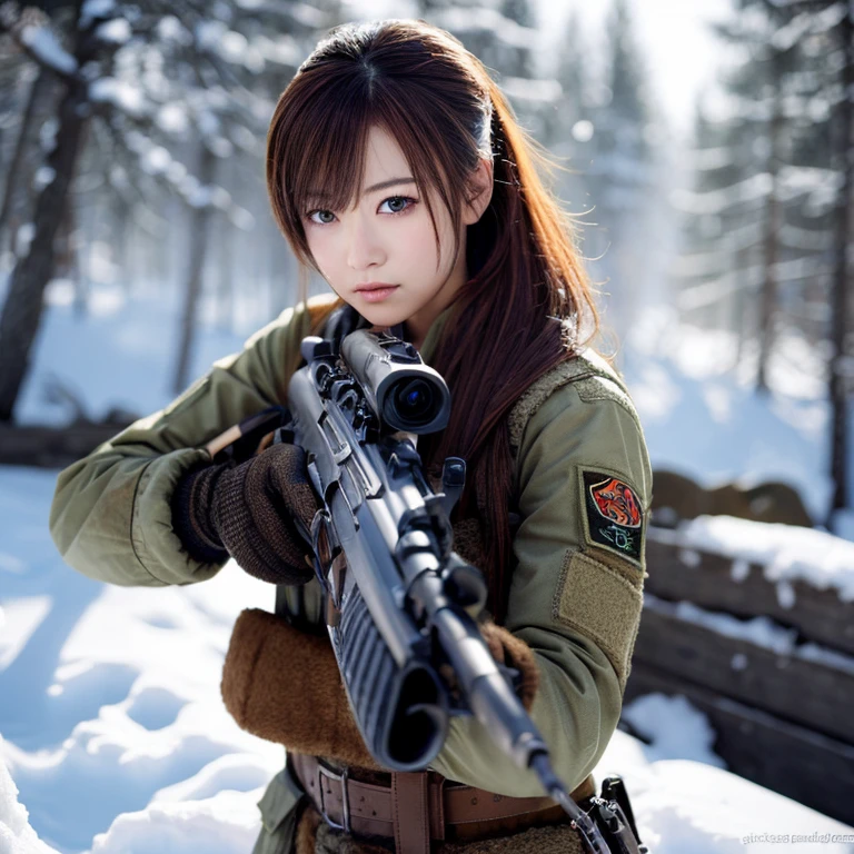 Hunting girl with rifle in combat pose in the snow,Oriental,Blade and Soul,Ink Style,Long Red Hair,Heavy combat uniform,cold,artwork,3D,4K,detailed,Realistic