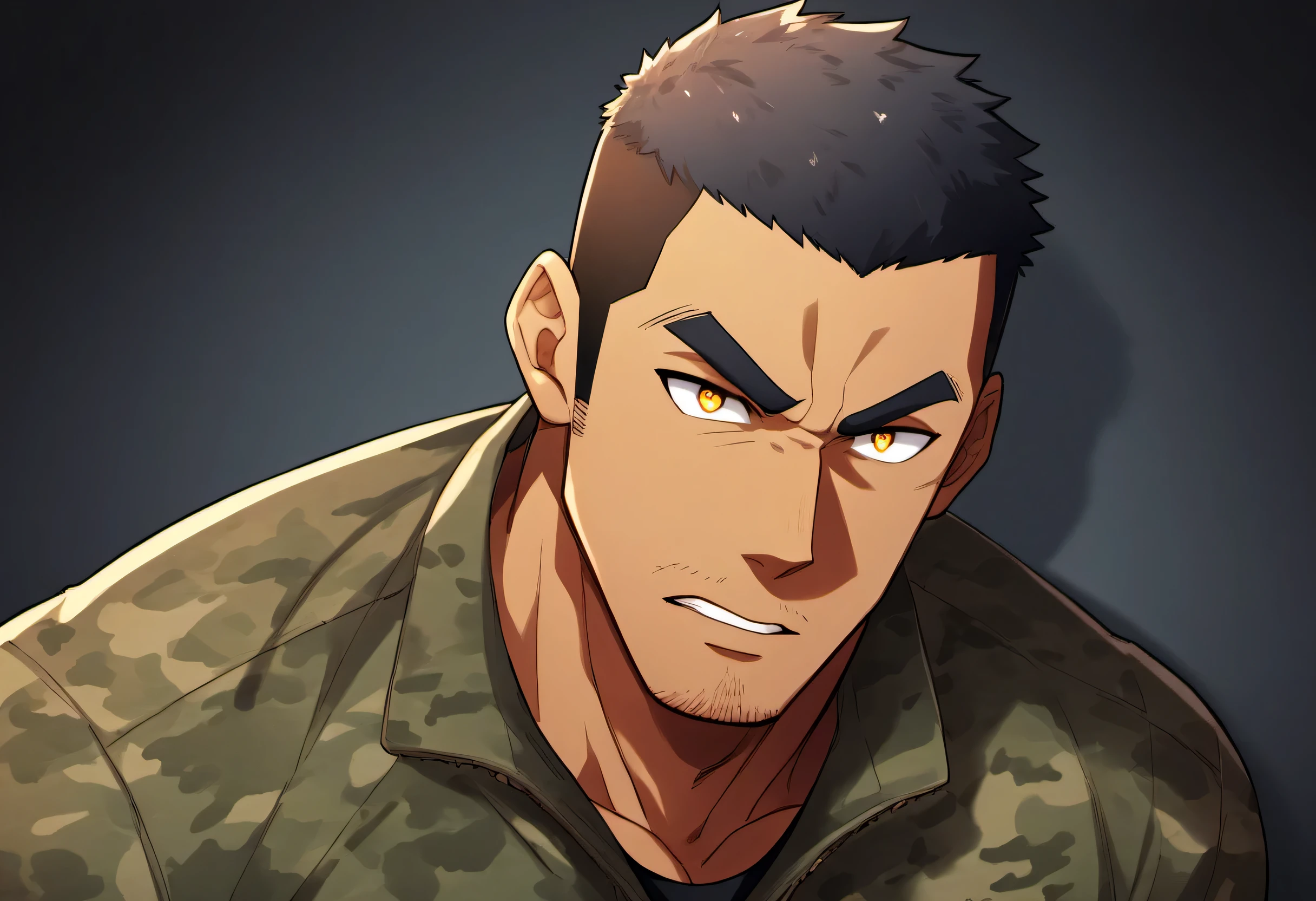 anime characters:Gyee, Fitness coach, Chocolate skin, 1 muscular tough guy, Manliness, male focus, Camouflage uniform, muscular male, muscular, only, Upper body, alone, Black short hair, Thick eyebrows, stubble, Yellow eyes, Black background, simple background, amazing quality, best aesthetics, Ridiculous, bright pupils, crew cut, parted lips, v-shaped eyebrows, jitome, drop shadow, best quality