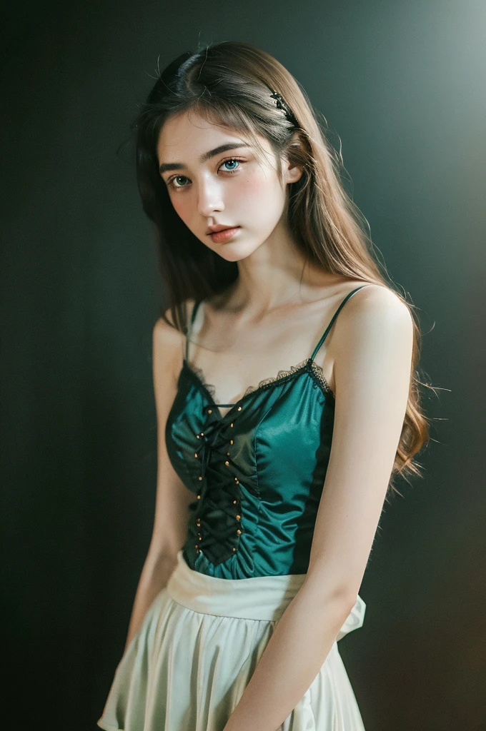 ( masterpiece, top quality, best quality,8k, girl,ultra detailed,raw photo:1.5),(photorealistic:1.4), (cinematic lighting), PerfectNwsjMajic, , Surrealism, UHD, ccurate, Super detail, textured skin, High detail, Best quality, dynamic angle, White skin,[Beautiful blue eyes], high nose,[flat chest:large breasts:0.5]),(good anatomy:0.5)), Dreamy atmosphere, Dark-toned background, expressive brush strokes, mystical ambiance, Artistic interpretation, Stunning Studio Ghibli style costumes, a whimsical illustration, Subtle colors and tones, mystical aura,