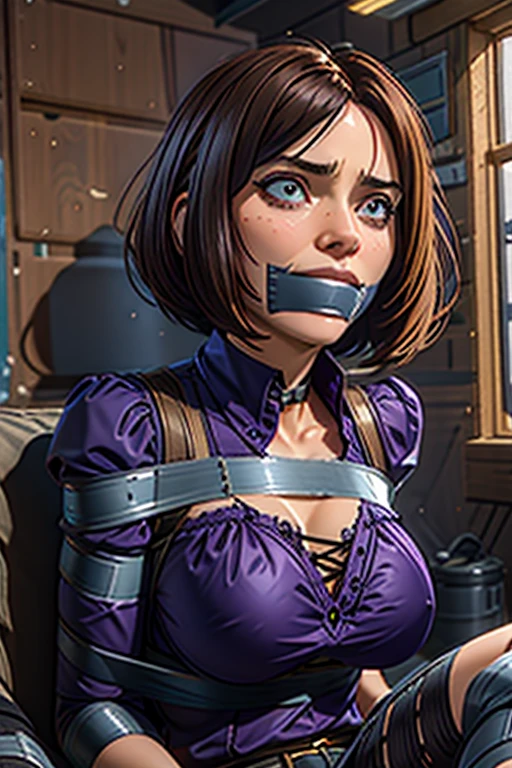 Highest quality, masterpiece, high resolution, 8k, cinematic lighting, sharp resolution, medium shot, 1 woman with chin length hair, short hair, dark bob cut, thick hair, center part, undercut nape, stacked bob, voluminous hair, luxurious hair, in her 30s, purple blouse, knee length, skirt, dark stockings, and calf boots, baggy blouse, wrinkled clothing, detailed face, focus on face, photo realistic, character, video game cut scene, smooth, anime, detailed face, perfect skin, beautiful, Insanely detailed, close up, taped mouth, tape gag, gag, gagged, arms bound behind back, elbows taped, wrists taped, Trying to get away, knees taped, frightened, pleading eyes, desperate escape energetic struggle, stalker, decaying walls , true crime, abandoned warehouse, isolated, tense atmosphere, peril, impending rape, close up vibrant colors, professional illustration, high quality, ultra-detailed, photorealistic, soft lighting