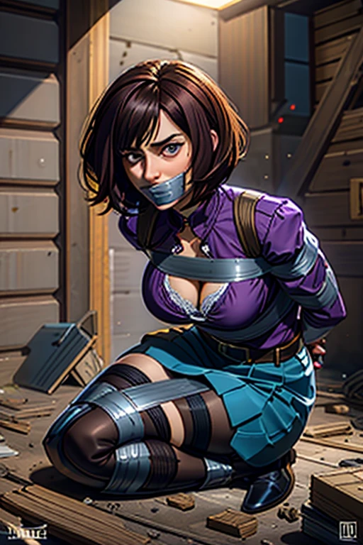 Highest quality, masterpiece, high resolution, 8k, cinematic lighting, sharp resolution, medium shot, 1 woman with chin length hair, short hair, dark bob cut, thick hair, center part, undercut nape, stacked bob, voluminous hair, luxurious hair, in her 30s, purple blouse, knee length, skirt, dark stockings, and calf boots, baggy blouse, wrinkled clothing, detailed face, focus on face, photo realistic, character, video game cut scene, smooth, anime, detailed face, perfect skin, beautiful, Insanely detailed, close up, taped mouth, tape gag, gag, gagged, arms bound behind back, elbows taped, wrists taped, Trying to get away, knees taped, frightened, pleading eyes, desperate escape energetic struggle, stalker, decaying walls , true crime, abandoned warehouse, isolated, tense atmosphere, peril, impending rape, close up vibrant colors, professional illustration, high quality, ultra-detailed, photorealistic, soft lighting