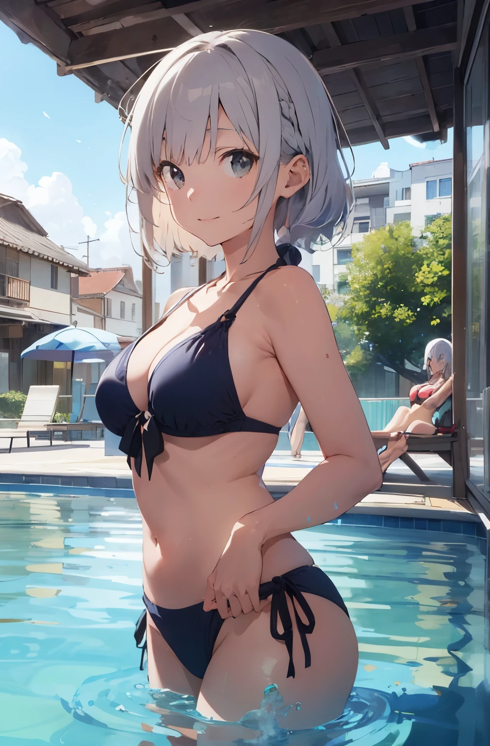 High resolution、Silver hair drawn in Japanese anime style、Silver Haired Girl、Red Bikini､Red Bikini、View of people on swim rings in an empty resort night pool。She is wearing a sexy bikini、Cocktail in hand。The pool is beautifully lit、The surroundings are quiet and relaxing.､
(Masterpiece 1.5),super high quality, Very detailed,Perfect drawing,NFSW、beautiful woman、beautiful, Glowing Skin、A kind smile、beautiful black hair、Braiding、(((beautiful水着)))、(((Luxury Swimwear))),3D、16K Illustrations、((Clear Face))、High resolution、Nice background、beautiful background、Spotlight、Vibrant colors、(((Detail View)))、Perfect beauty,beautiful指,beautiful手,Points First,nail,Place your arms behind your back,Wakame seaweed、Wakame seaweed、Wakame seaweed、Wakame seaweed、Wakame seaweed、Wakame seaweed、Wakame seaweed、
