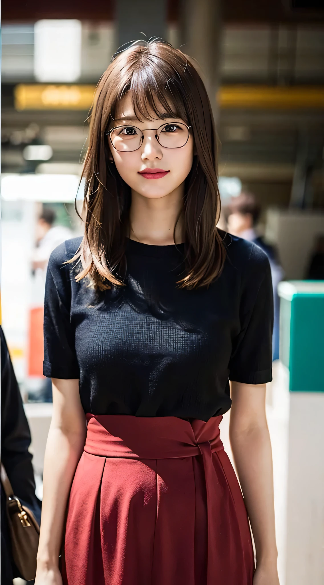 (8k、Raw photo、highest quality、masterpiece:1.2)、(Realistic、Photorealistic:1.37)、Ultra-detailed、超A high resolution、1 girl、Seeing the viewer、Beautifully detailed face、Laughter、narrow、(Narrow waist) :1.3)、shortcut、beautiful detailed skin、Skin Texture、floating hair、Professional Lighting、Waiting for the train on the platform、Black-rimmed square glasses 、Human whole body、Brown Hair