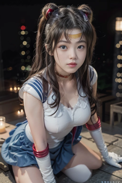 (Random Sailor Moon poses)、(Sailor Moon Costume:1.0),(bangs)、(Beautiful Japanese Girls:1.5)、(Detailed face、blue eyes:1.2)、Huge breasts:1.5、(skirt:1.0)、(Red Boots)、(On the roof of a New York skyscraper)、(With the full moon at my back),(Angle from below)、(At S.F.W.:1.2),(evil grin)