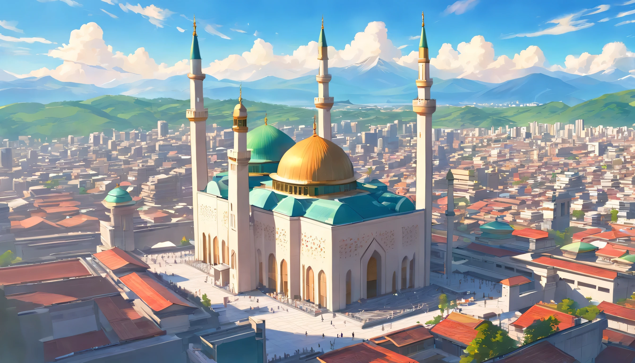 Indonesia illustration on blue background, nubes auspiciosas, 16k, ..3D, tonos pastel, Arroyo del barranco, bote, pino, Cordillera, muchas casas, Muchos edificios antiguos, Acolchado de papel multidimensional, Tunnel composition, warm light, UHD, Elevation perspective,ultra realista, Color Morandi, Detalles exquisitos, una vista expansiva de, Epic Detail, (((A large, sky-high mosque,Church, Buddhist temple in the center of the city)))