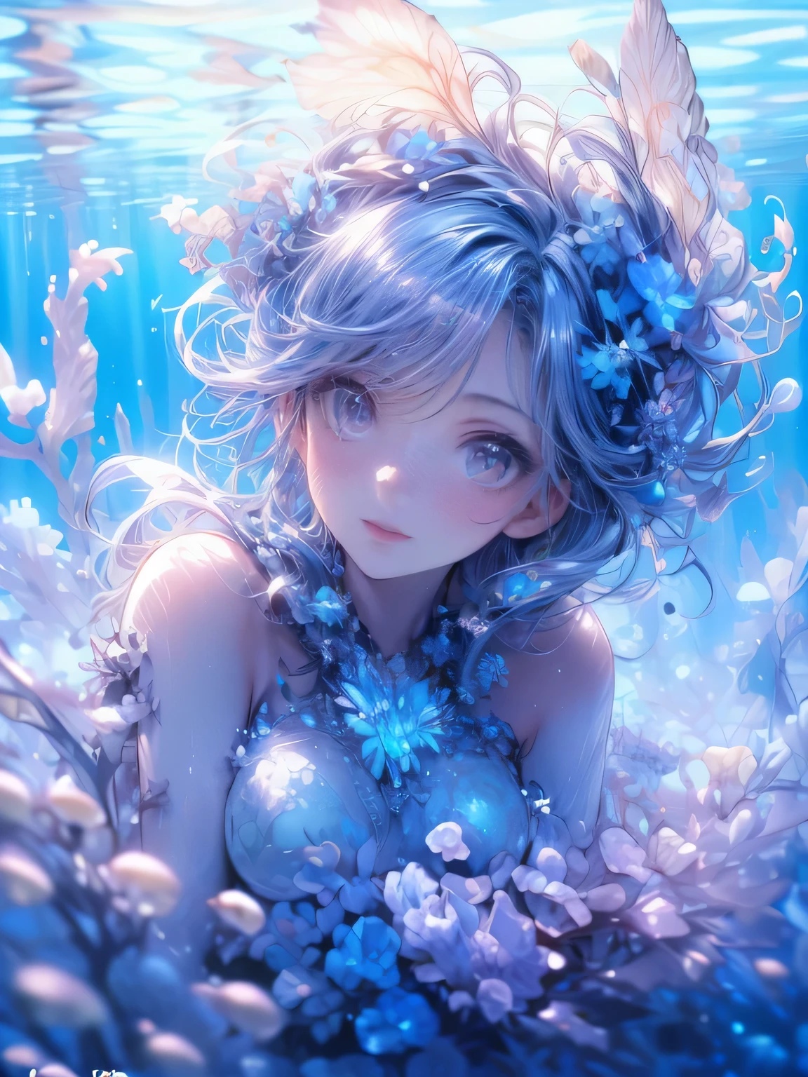 (best quality,4k,8k,highres,masterpiece:1.2),ultra-detailed,realistic, vibrant underwater scene with (multiple/multiple ethereal) jellyfish (cute girl spirits/entities:1.1). The jellyfish are gracefully floating in the clear, turquoise water, (illuminated/illuminated by:1.1) soft rays of (sunlight/sunlight:1.1). Their translucent bodies are adorned with delicate tendrils and (glow/glow:1.1) in mesmerizing (shades of blue/shades of blue:1.1) and (luminous/luminous:1.1) hues. The (ethereal/ethereal:1.1) creatures have (beautiful/detailed:1.1) (bioluminescent/bioluminescent:1.1) patterns that emit a gentle glow, adding to the enchanting atmosphere. The (water/water:1.1) is teeming with (vibrant/colorful) marine life, including (coral reefs/coral reefs:1.1), (tropical fish/tropical fish:1.1), and (seahorses/seahorses:1.1). The scene is (bathed/bathed:1.1) in a (soft/soft:1.1) (blue/blue:1.1) light, with (subtle/subtle:1.1) (highlights/highlights:1.1) creating a (dreamlike ambiance/dreamlike ambiance:1.1). The (underwater world/underwater world:1.1) is (full of life/teeming with life:1.1) and (holds/holds:1.1) an (ethereal/ethereal:1.1) and (tranquil/tranquil:1.1) beauty.