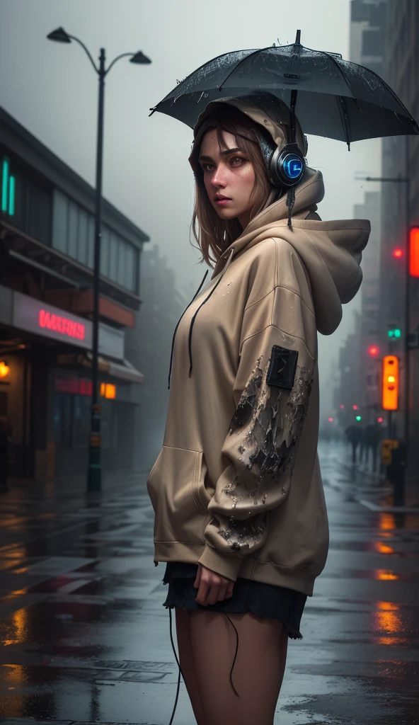 (dark shot:1.1), epic realistic, masterpiece, girl alone, solo, incredibly absurd, hoodie, headphones, street, outdoor, rain, neon,, faded, (neutral colors:1.2), (hdr:1.4), (muted colors:1.2), hyperdetailed, (artstation:1.4), cinematic, warm lights, dramatic light, (intricate details:1.1), complex background, (rutkowski:0.66), (teal and orange:0.4)