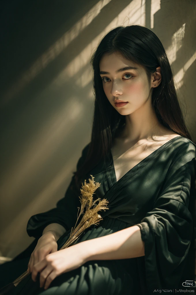 ( masterpiece, top quality, best quality,8k,17 years old girl,ultra detailed,raw photo:1.5),(photorealistic:1.4), (cinematic lighting), PerfectNwsjMajic, , Surrealism, UHD, ccurate, Super detail, textured skin, High detail, Best quality, dynamic angle, White skin,[Beautiful blue eyes], high nose,[flat chest:large breasts:0.5],(1girl),(good anatomy:0.5)), Dreamy atmosphere, Dark-toned background, expressive brush strokes, mystical ambiance, Artistic interpretation, Stunning Studio Ghibli style costumes, a whimsical illustration, Subtle colors and tones, mystical aura,