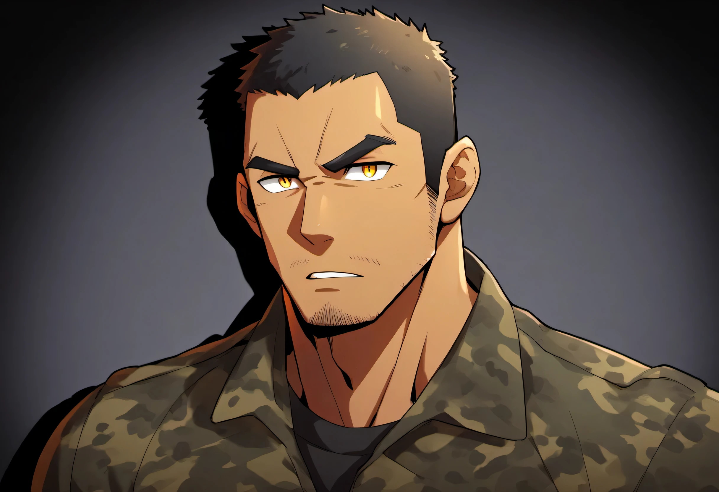 anime characters:Gyee, Fitness coach, Chocolate skin, 1 muscular tough guy, Manliness, male focus, Camouflage uniform, muscular male, muscular, only, Upper body, alone, Black short hair, Thick eyebrows, stubble, Yellow eyes, Black background, simple background, amazing quality, best aesthetics, Ridiculous, bright pupils, crew cut, parted lips, v-shaped eyebrows, jitome, drop shadow, best quality