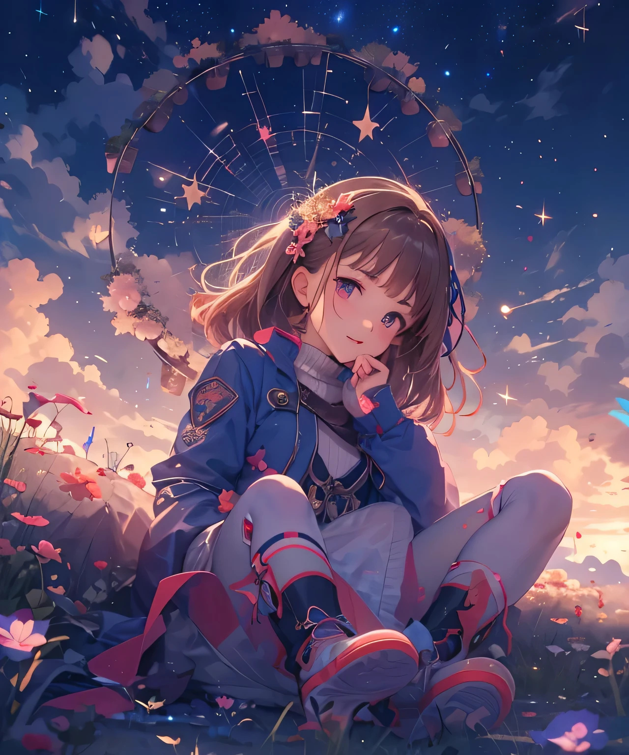 Describe a scene in which a cute girl character is lying on a grassy hill, Look up at the starry sky. Surround her with colorful nebulae and her favorite constellations.