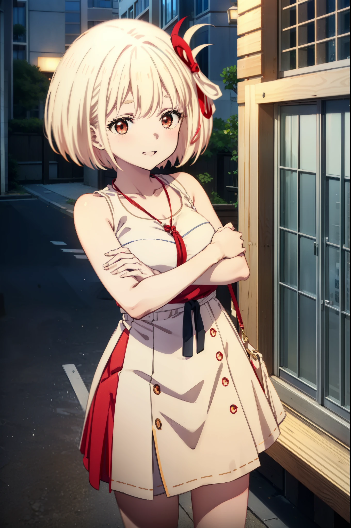 chisatonishikigi, Chisato Nishikigi, Short Hair, bangs, blonde,Bobcut, White hat(Red eyes:1.5),  Hair Ribbon,One side up,happy smile, smile, Open your mouth,smile,blush,Red sleeveless dress,White long skirt,Bare arms,Bare neck,Rocket Pendant,Cute Sandals,real summer,sunny,It&#39;s as if your whole body is in the illustration., break outdoors, coastal,City Street, break looking at viewer, (Cowboy Shot:1.5), break (masterpiece:1.2), highest quality, High resolution, unity 8k wallpaper, (shape:0.8), (Beautiful details:1.6), Highly detailed face, Perfect lighting, Highly detailed CG, (Perfect hands, Perfect Anatomy),