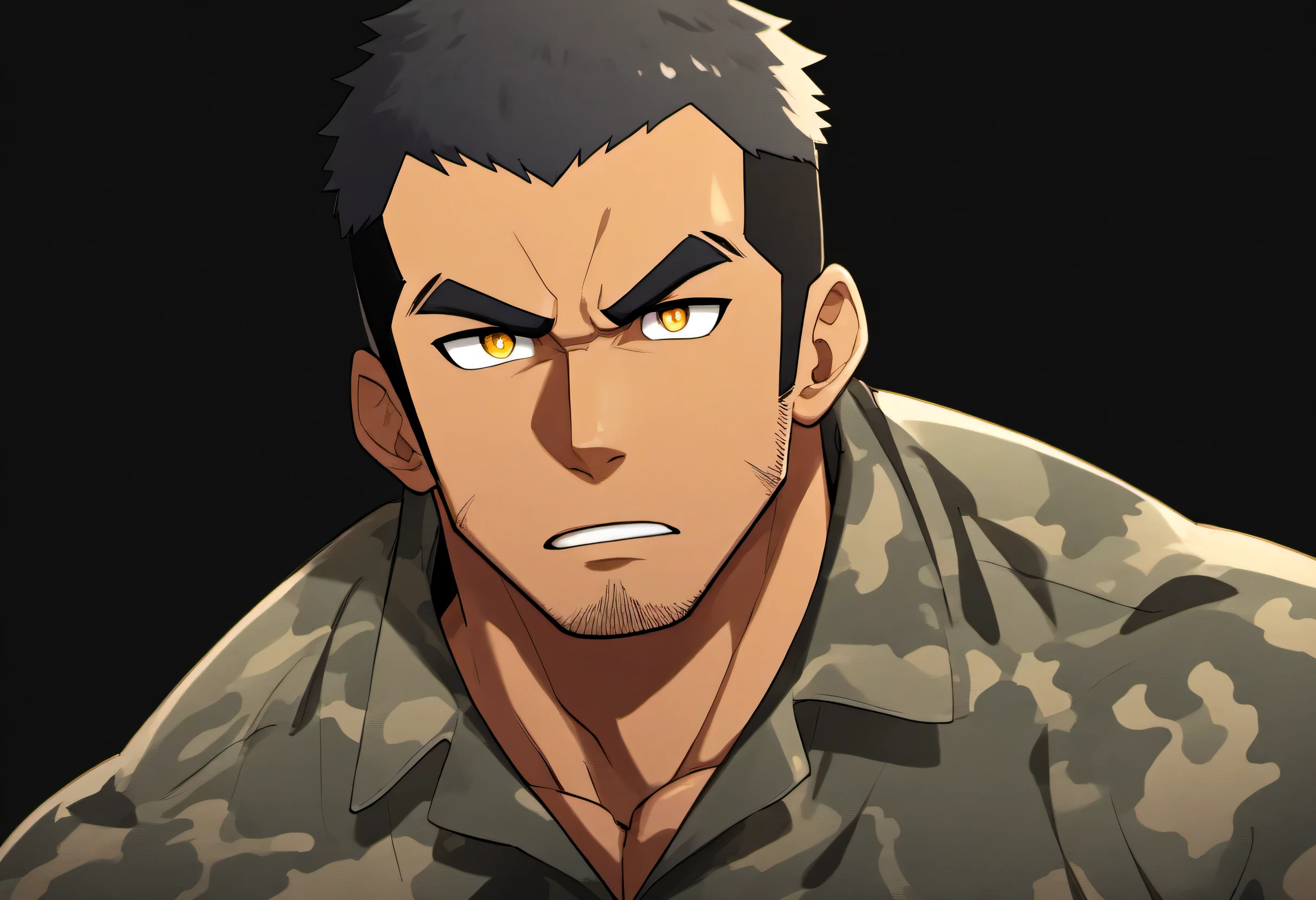 anime characters：Gyee, Fitness coach, Chocolate skin, 1 muscular tough guy, Manliness, male focus, Camouflage uniform, muscular male, muscular, only, Upper body, alone, Black short hair, Thick eyebrows, stubble, Yellow eyes, Black background, simple background, amazing quality, best aesthetics, Ridiculous, bright pupils, crew cut, parted lips, v-shaped eyebrows, jitome, drop shadow, best quality