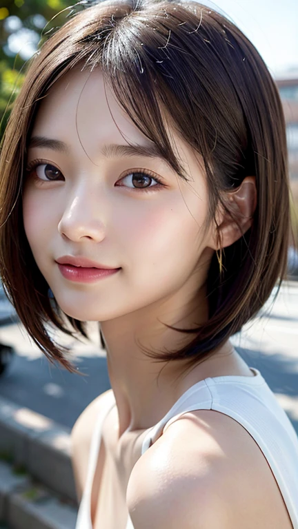 With the alleys of Kyoto in the background、18-year-old girl、independent、Look forward、Light eye makeup、Brown Hair Color、flat 、Hair blowing in the wind、Quality of actress、Shiny, Ultra-realistic faces、smileの表情、Watery eyes、look up、Soothing lighting effects、 Ultra-Realistic Capture、Very detailed、High resolution 16k human skin closeup。Skin texture must be natural、Must be so detailed that pores are visible、skin is healthy、Must be of uniform tone、Use natural light and color、High quality photos taken by modeling agencies&#39;Exclusive photographer、smile