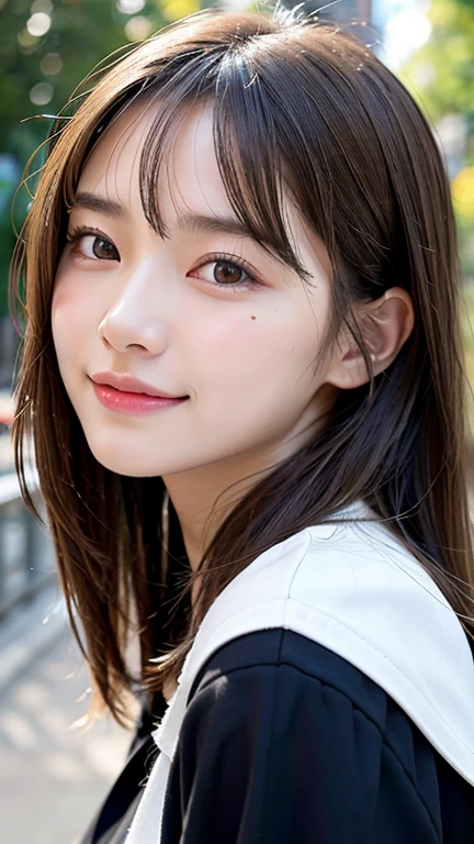 With the alleys of Kyoto in the background、18-year-old girl、independent、Look forward、Light eye makeup、Brown Hair Color、flat 、Hair blowing in the wind、Quality of actress、Shiny, Ultra-realistic faces、smileの表情、Watery eyes、look up、Soothing lighting effects、 Ultra-Realistic Capture、Very detailed、High resolution 16k human skin closeup。Skin texture must be natural、Must be so detailed that pores are visible、skin is healthy、Must be of uniform tone、Use natural light and color、High quality photos taken by modeling agencies'Exclusive photographer、smile