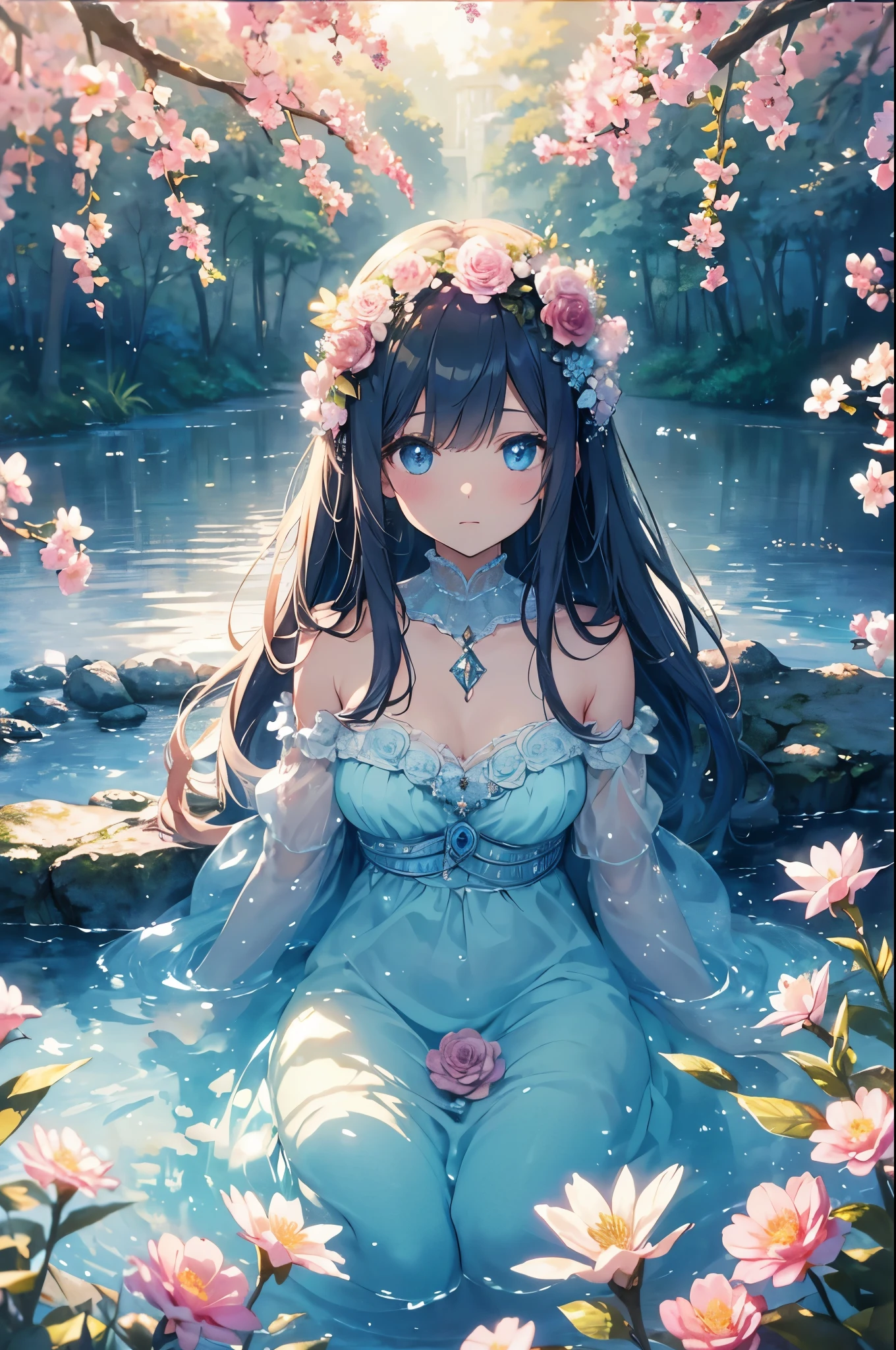 (high quality, 8k), (Soft Light), Iridescent, One Girl, Detailed face, Beautiful Eyes, watercolor paiting, So magical and dreamy, Dreamy details, Dreamy atmosphereとドラマ, Gorgeous atmosphere, Fantastic and beautiful lighting, Dreamy atmosphere, Beautiful atmosphere, Dreamy Romantic, Fantastic and dreamy theme, Magical atmosphere, Beautiful atmosphere, Anime Background Art, Magical atmosphere + Tabletop, Dreamy aesthetics, Beautiful details with atmosphere, Lots of flowers, bubble, water, garden, Sit on the ground, Shining Eyes