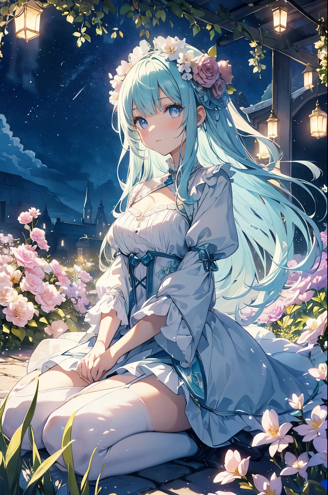 (high quality, 8k), (Soft Light), Iridescent, One Girl, Detailed face, Beautiful Eyes, watercolor paiting, So magical and dreamy, Dreamy details, Dreamy atmosphereとドラマ, Gorgeous atmosphere, Fantastic and beautiful lighting, Dreamy atmosphere, Beautiful atmosphere, Dreamy Romantic, Fantastic and dreamy theme, Magical atmosphere, Beautiful atmosphere, Anime Background Art, Magical atmosphere + Tabletop, Dreamy aesthetics, Beautiful details with atmosphere, Lots of flowers, bubble, water, garden, Sit on the ground, Shining Eyes